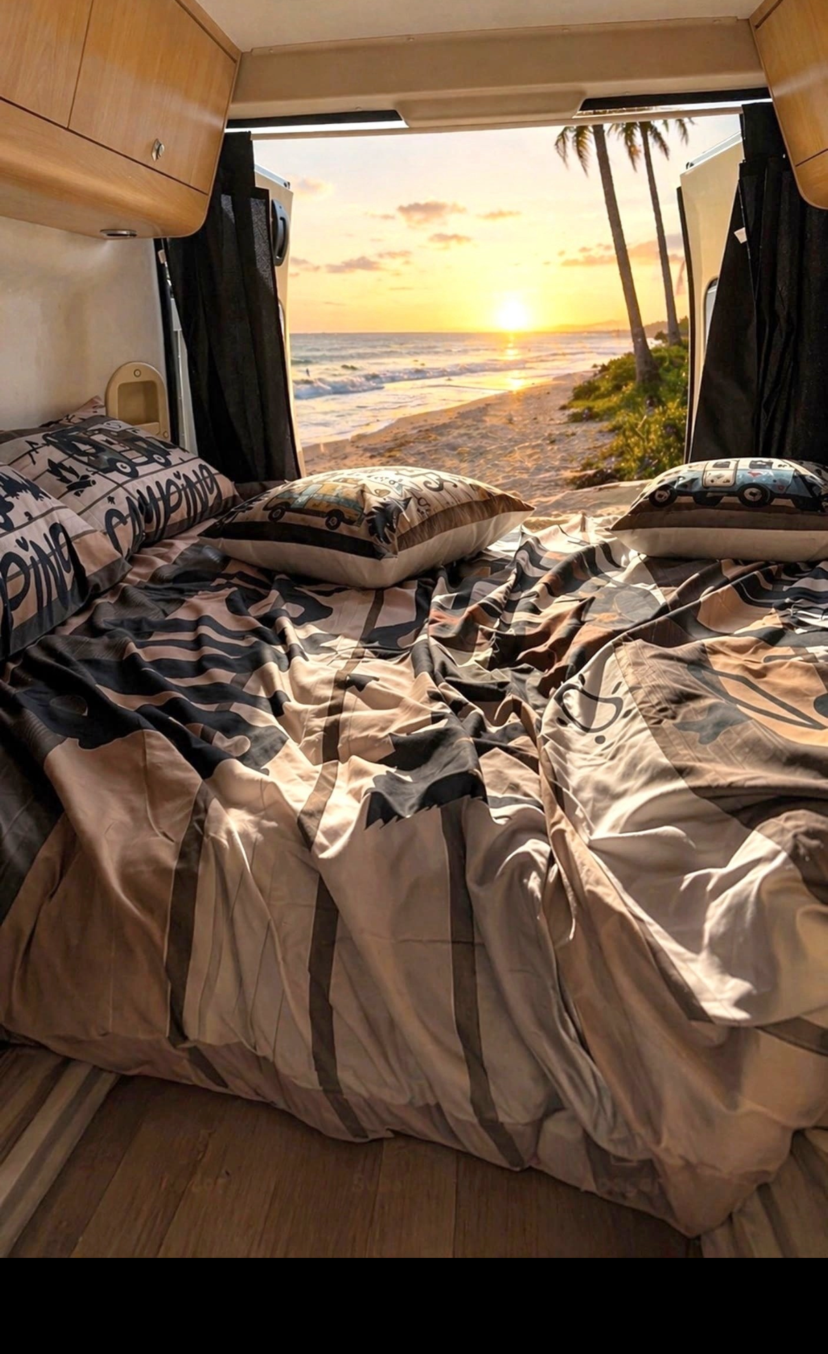 Interior da autocaravana com vista para o pôr do sol